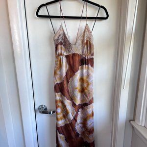 Zara Maxi Tie Dye Boho Satin Dress Tan Lace Details Size Small